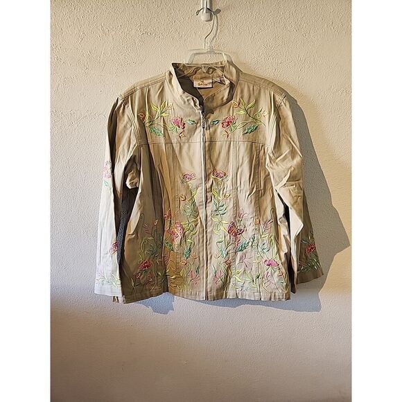 Quacker Factory Jacket Tan Embroidered Floral Spring Zip Up Womens Size Large L - Picture 1 of 8